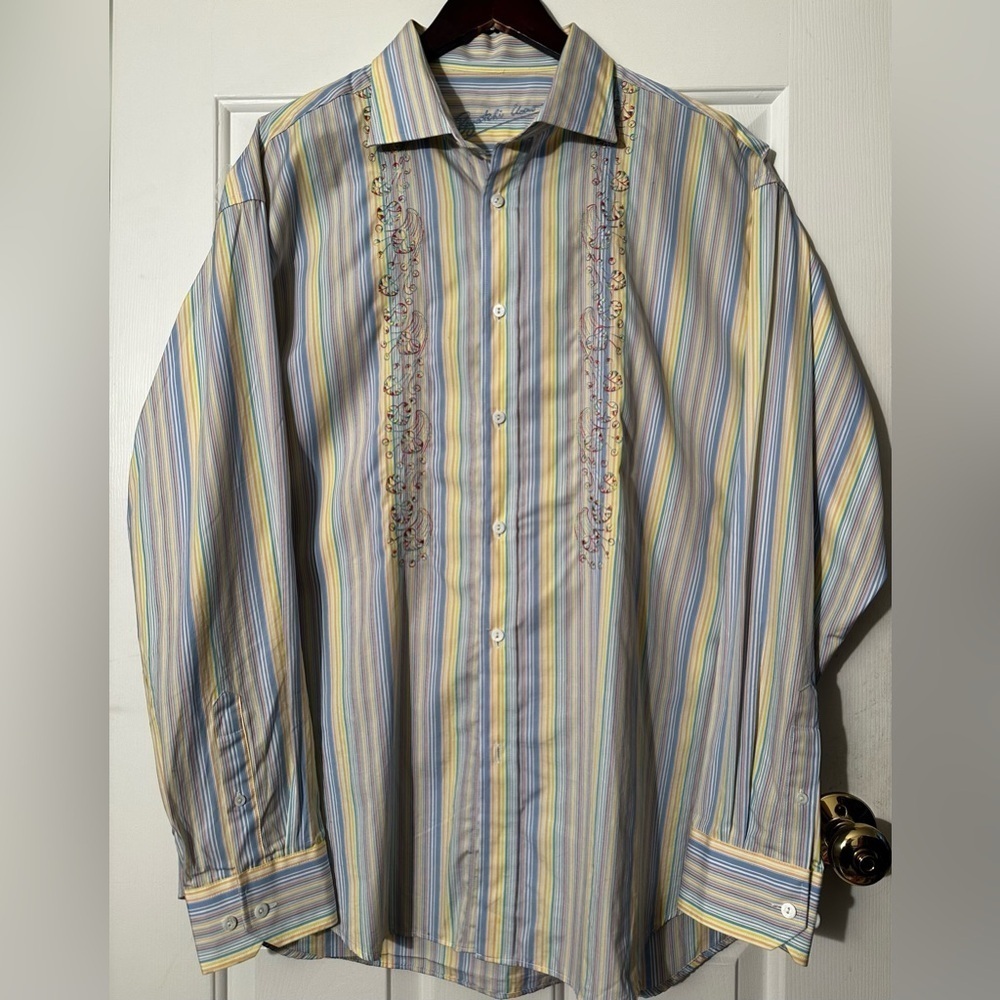 BUGATCHI UOMO XL Pastel Stripe Decorative Vertical Embroidery Spread Collar NICE